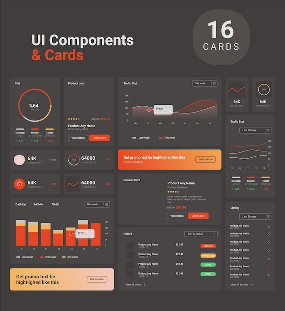 Вектор Элементы пользовательского интерфейса dark dashboard для веб-проекта