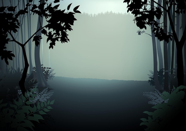 Vector dark dense forest with fog and glade as colored cartoon illustration or background