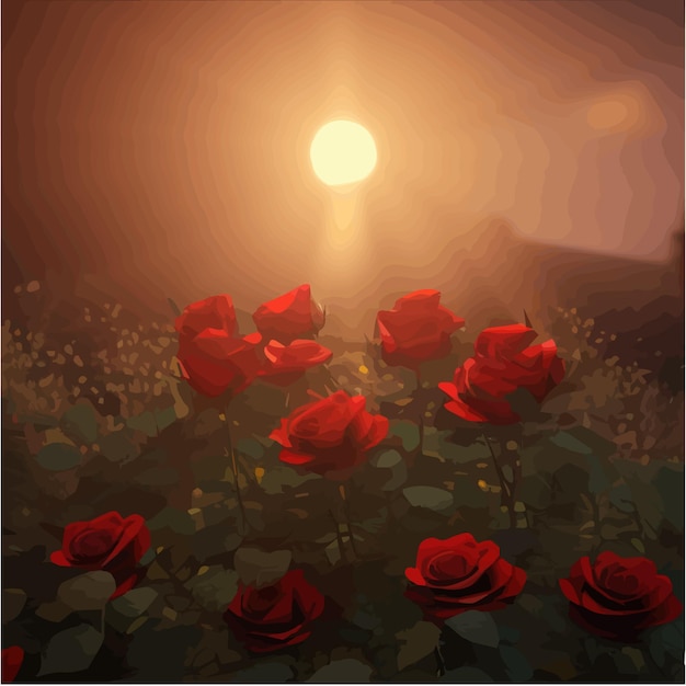 Vettore rose rosse di campo favolose scure e natura misteriosa sullo sfondo di un'immagine fantasy di luna luminosa