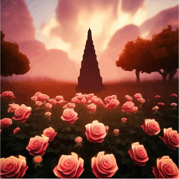 Vettore rose rosse di campo favolose scure e torre misteriosa sullo sfondo di un'immagine fantasy con luna luminosa