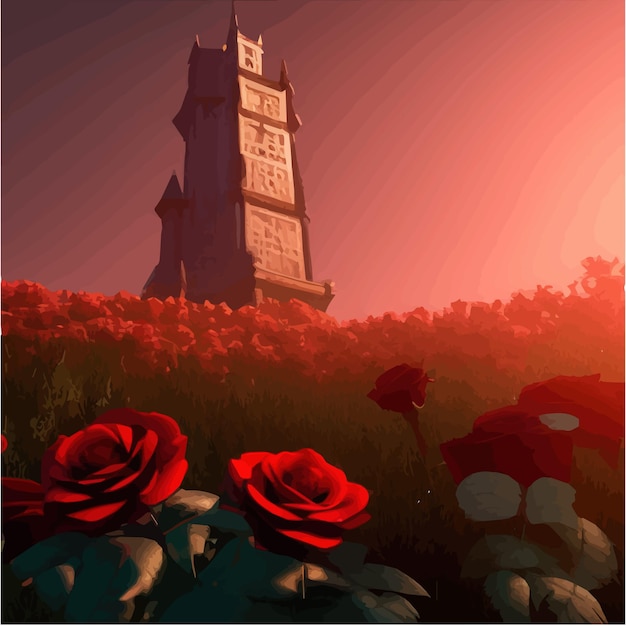 Vettore rose rosse di campo favolose scure e torre misteriosa sullo sfondo di un'immagine fantasy con luna luminosa