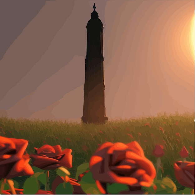 Vector dark fabulous field red roses and mysterious tower against background bright moon fantasy picture