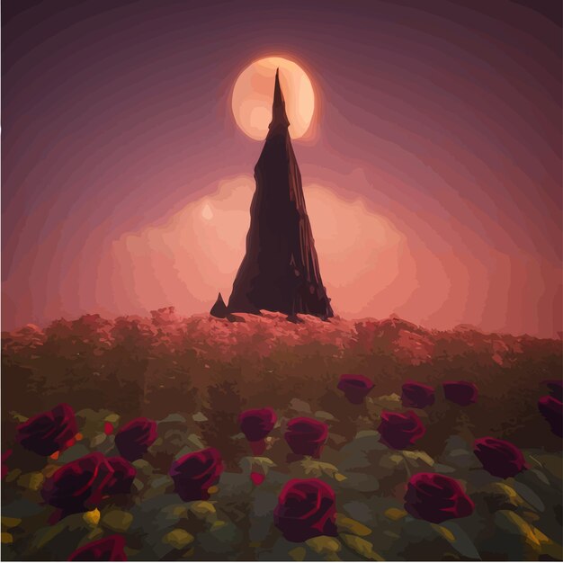 Dark fabulous field red roses and mysterious tower against background bright moon fantasy picture