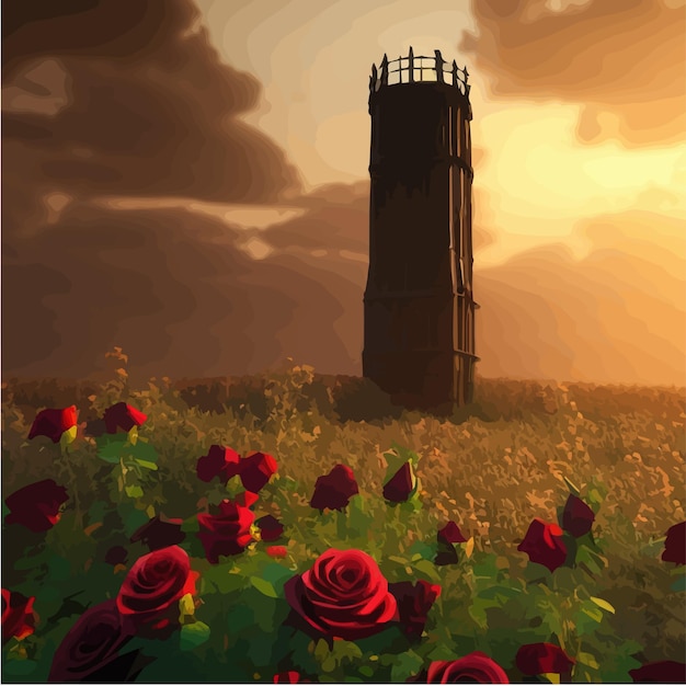 Vector dark fabulous field red roses and mysterious tower against background bright moon fantasy picture