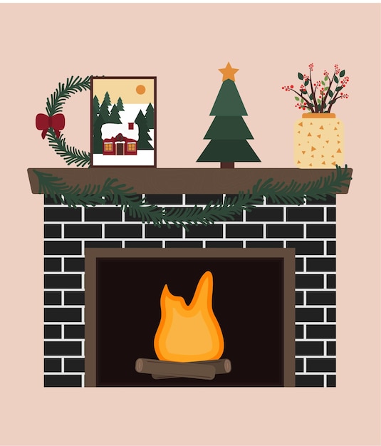 Vector dark fireplace decorated for christmas