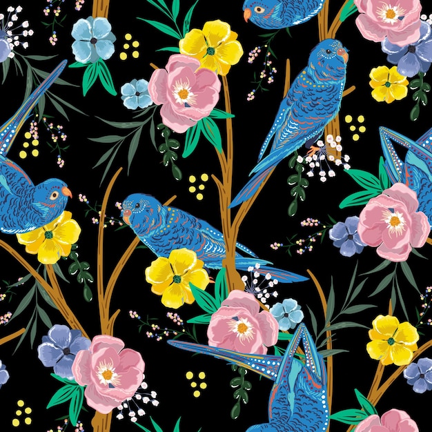 カラフルな花のオウムの鳥と暗い森の花柄プリントファッション壁紙のエキゾチックな森のシームレスなパターン