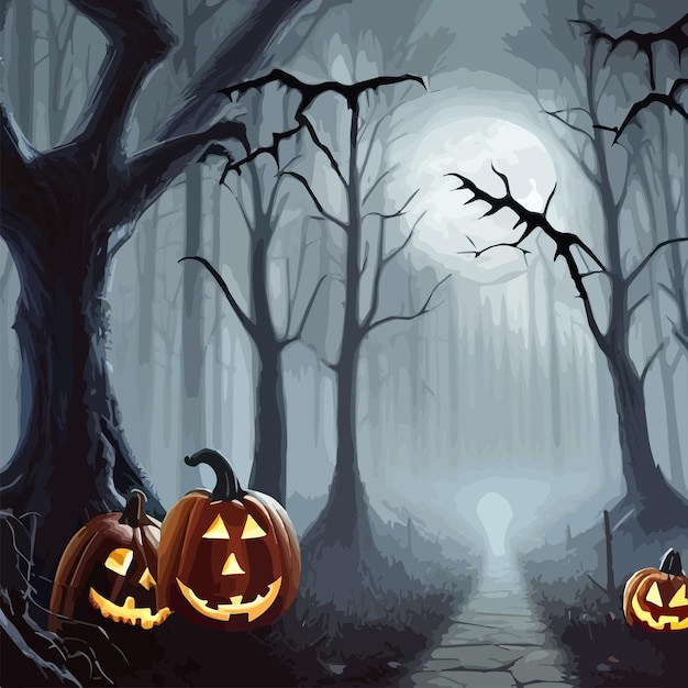 Vector dark forest halloween background with bats trees halloween purple violet template vector