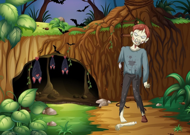 Vector dark forest scene with creepy zombie cartoon character