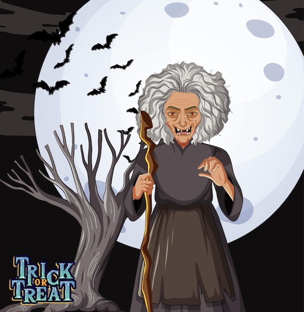 Vector dark forest scene with wicked old witch