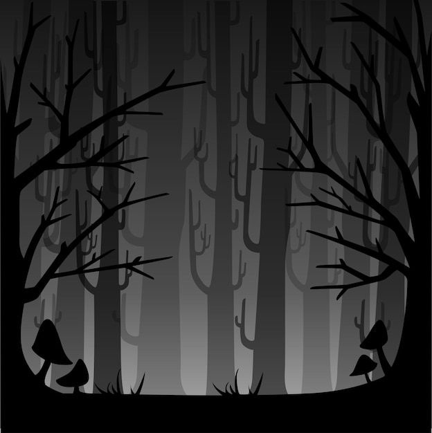 Vettore foresta oscura con nebbia. misty woods per il gioco o il concetto di sito web. foresta nebbiosa. illustrazione