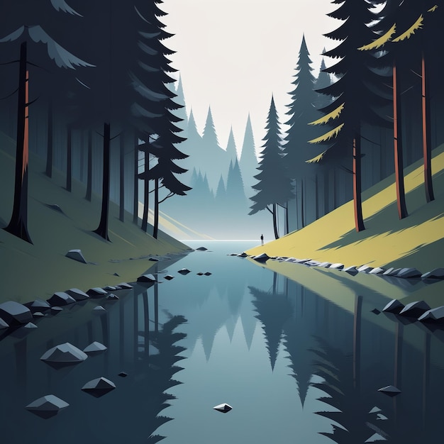 Vector dark forest with lake trees and fog nature dark forest with lake trees and fog nature fores