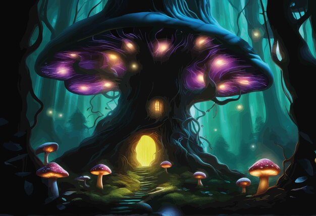 Vector dark forest with mushrooms tree and magic light fantasy forest and magic tree fantasy forest with