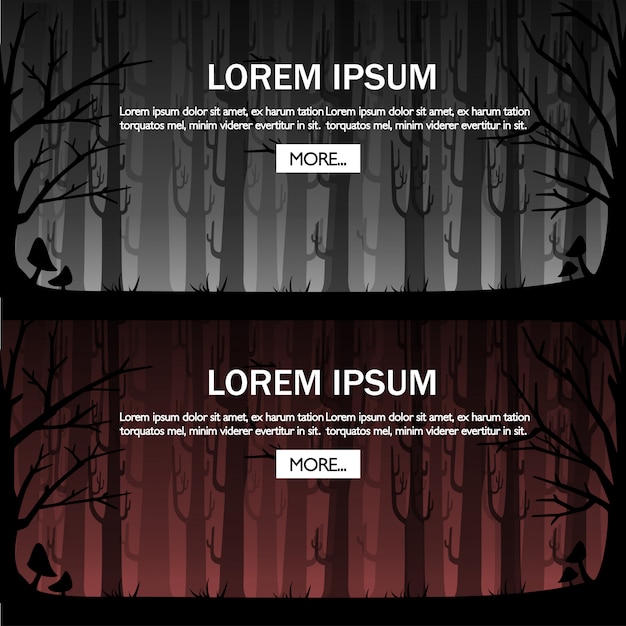 Vector dark forest with red fog. misty woods for game or website concept. foggy forest.   illustration with place for text. button more. website page and mobile app