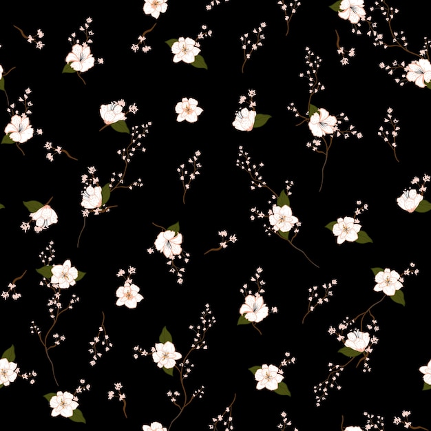 Dark garden night  Blossom white Floral pattern 