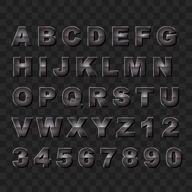 Dark glossy style upper case alphabet letters and numbers collection