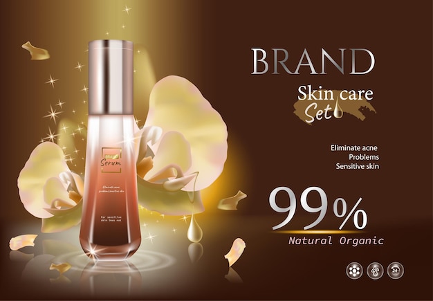 Vector dark gold ads bottles of essence skin care with drop water and flower cut banner vector illustration