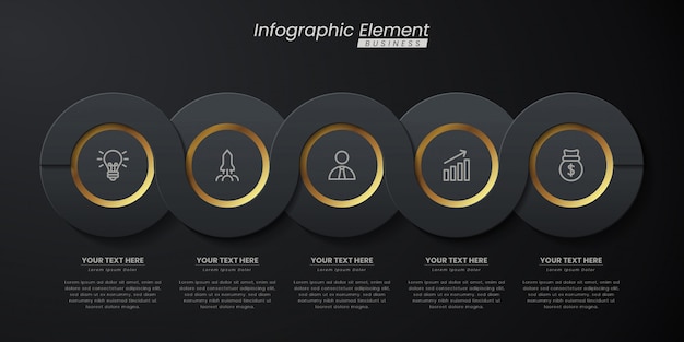 Темный золотой элегантный инфографический 3d-шаблон с шагами для успеха. презентация с иконками элементов линии.