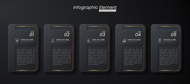 Vettore modello 3d infografica elegante oro scuro con passaggi per il successo. presentazione con icone di elementi di linea.