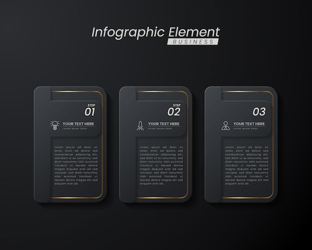 Modello 3d infografica elegante oro scuro con passaggi per il successo. presentazione con icone di elementi di linea.