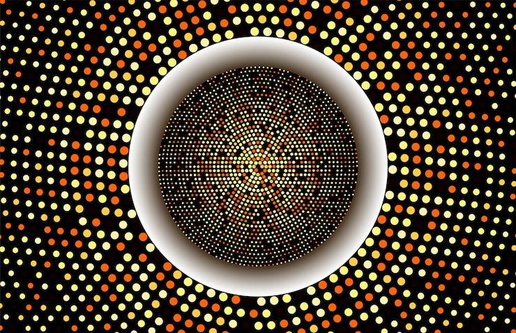 Vector dark gold halftone geometric circles shapes interesting mosaic banner geometric background with colored dots