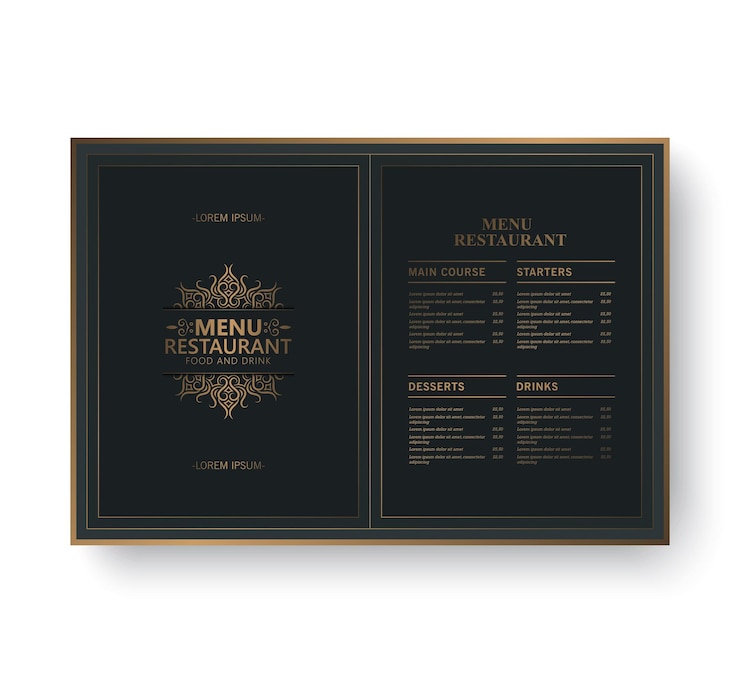 Vector dark gold menu layout with ornamental elements