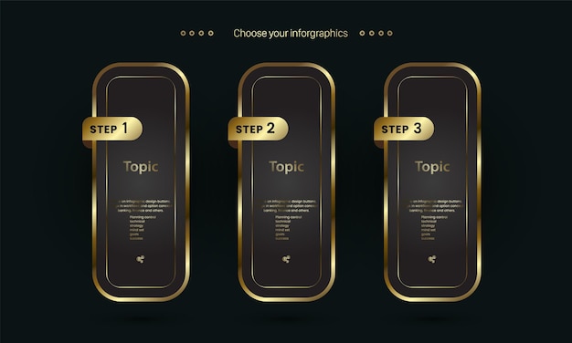 Dark and gold of three infographic buttons vector design 3 premium option of work plans concepts