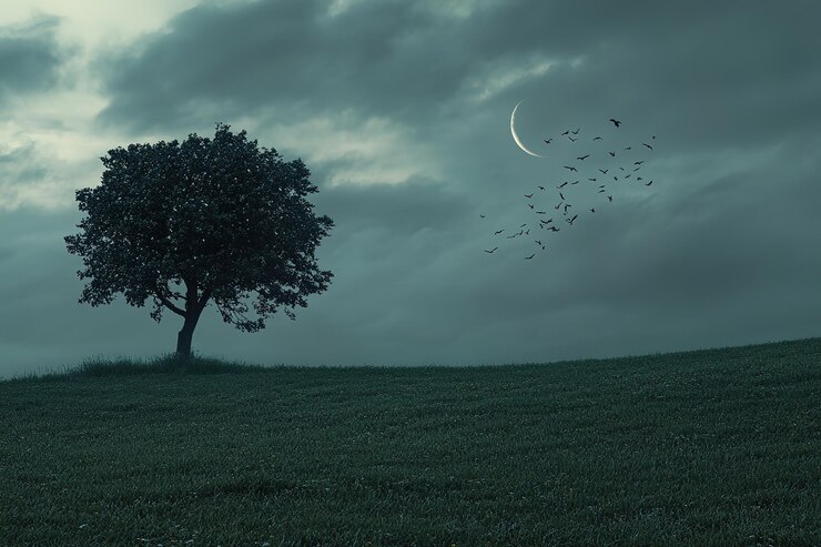 Vector dark gray sky with ominous clouds a green grass field in the foreground birds soaring above a solita