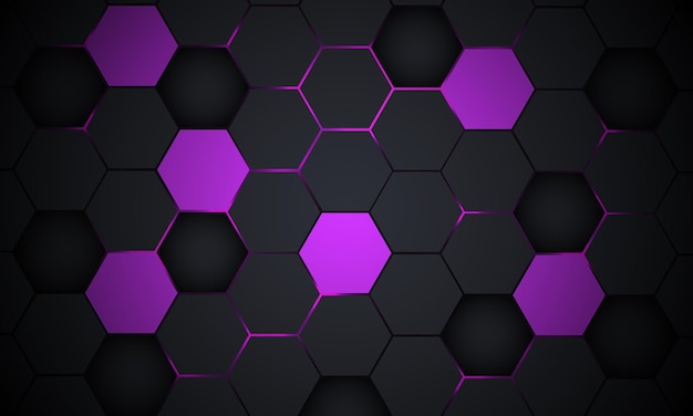 ダークグレーとバイオレットの六角形の技術の抽象的なベクトルの背景と紫色の明るい点滅六角形の六角形のゲームベクトルの抽象的な背景カラフルなハニカムテクスチャグリッド