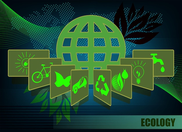 Dark green background with ecology symbols