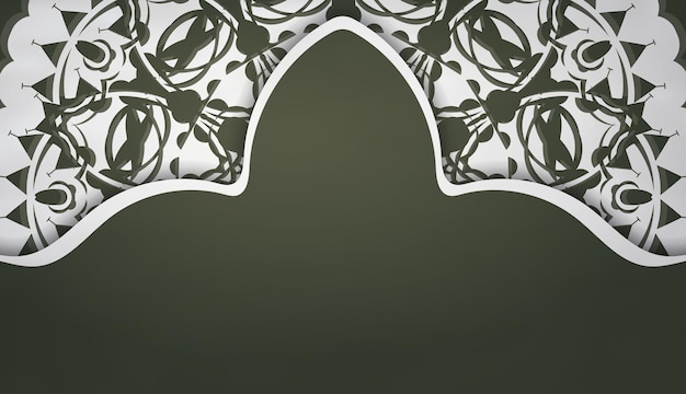 Темно-зеленый шаблон баннера с белым орнаментом мандалы и местом под текстом