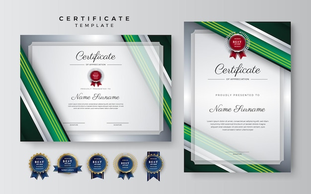 Dark green and black certificate of achievement border template with luxury badge and modern line pattern For award business and education needs