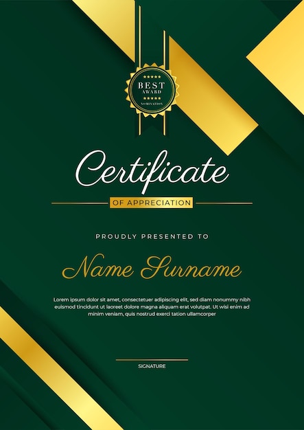 Dark green and gold certificate of achievement template with gold badge and border