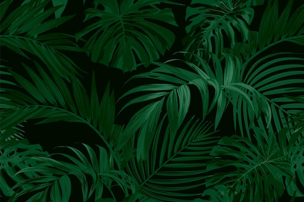 Vector dark green tropical pattern with palm leaves summer vector background or textile illustration