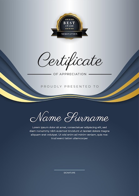 Dark grey black and gold certificate of achievement template with gold badge and border