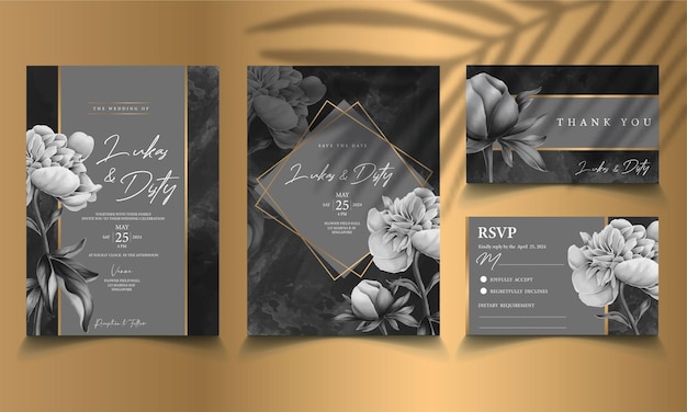 Vector dark grey and black weding invitation with watercolor floral template