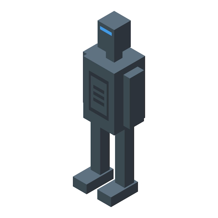 Vector dark grey robot standing on a white background