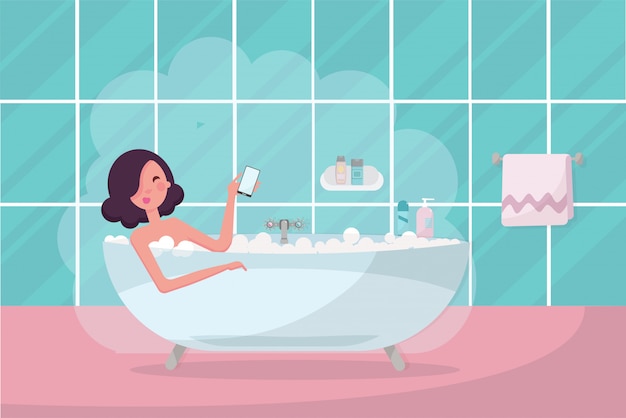 Dark hair girl in bathtub with smartphone in her hand.