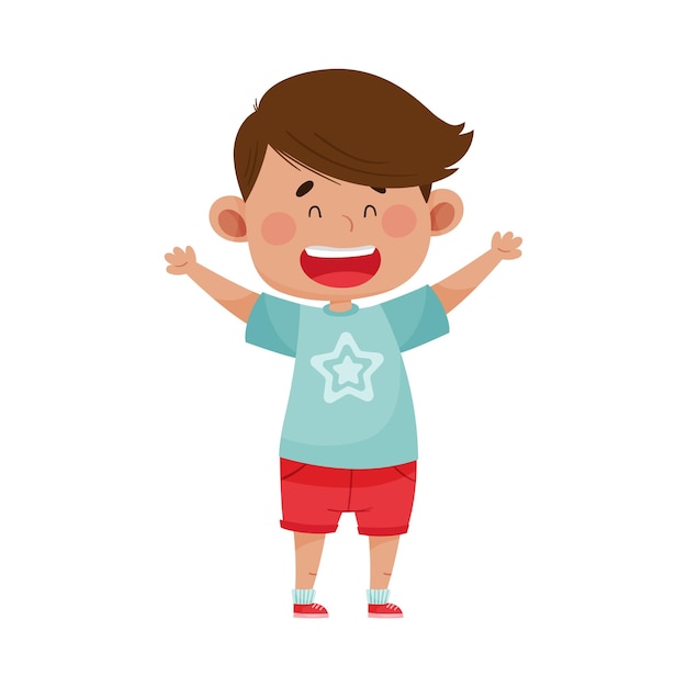 Dark Haired Boy Wearing Red Shorts Raising His Hands Showing Happy Expression on His Face Vector Illustration