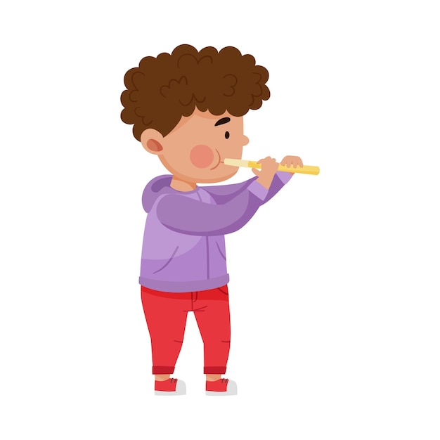 Vector dark haired little boy playing flute vector illustration