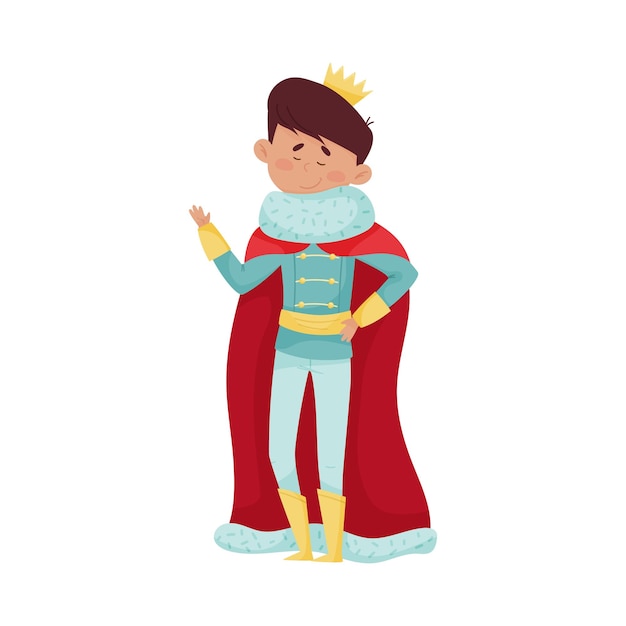 Vector dark haired prince with golden crown wearing cloak vector illustration