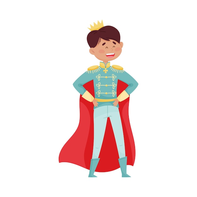 Vector dark haired prince with golden crown wearing cloak vector illustration