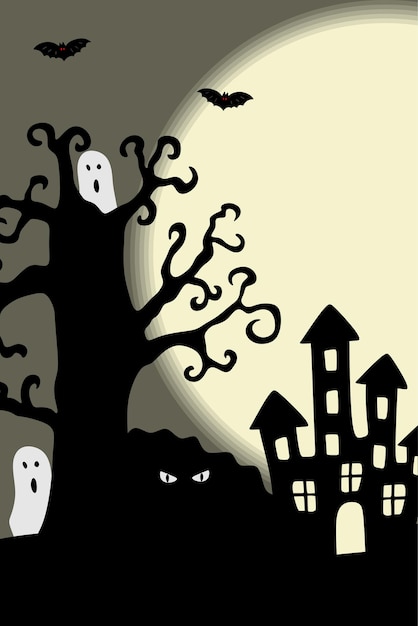 Dark halloween background with ghosts and castle