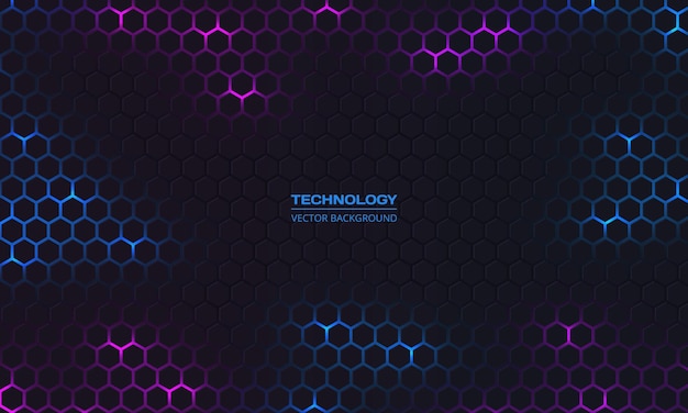 Dark hexagon abstract technology background with blue and purple colored bright flashes under hexagon Hexagonal gaming vector abstract tech background