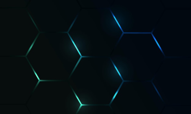 Dark hexagon gaming abstract vector background with blue and green colored bright flashes