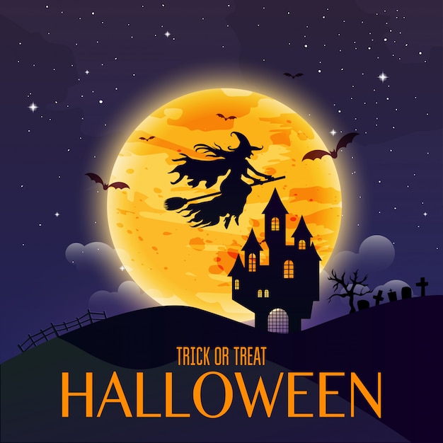 Dark house on blue full Moon. Witch flying over the moon. Happy Halloween. Vector illustration.