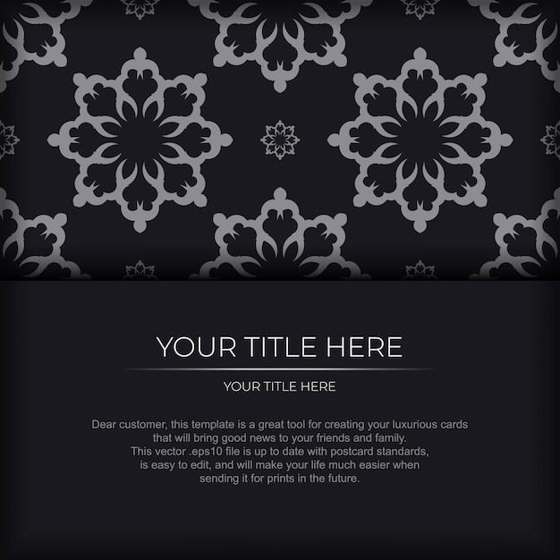 Dark invitation card design with silver indian ornament.