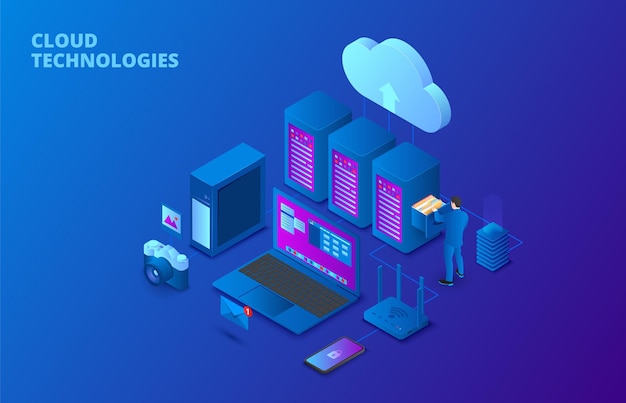 Dark isometric cloud storage technology concept with servers laptop and man