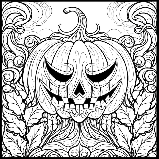 Вектор Темная тыква-фонарь и окружающие ее лозы и листья хэллоуин черно-белая книжка-раскраска