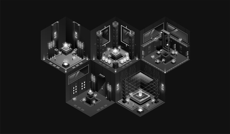 Vector dark laboratory interior. data visualization. futuristic industrial building. dark isometric illustration.