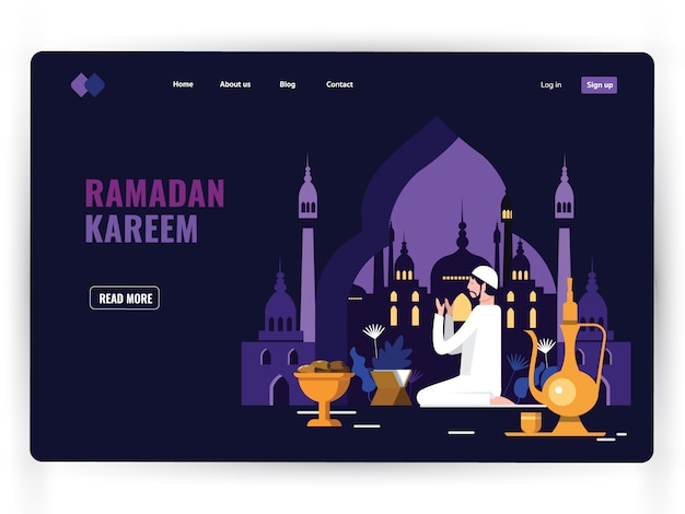 Modello di pagina di destinazione scuro del mese sacro di preghiera, ramadan kareem.